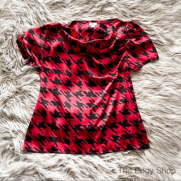 Worthington Tops - Worthington | Houndstooth Silky Asymmetrical Short Sleeved Blouse